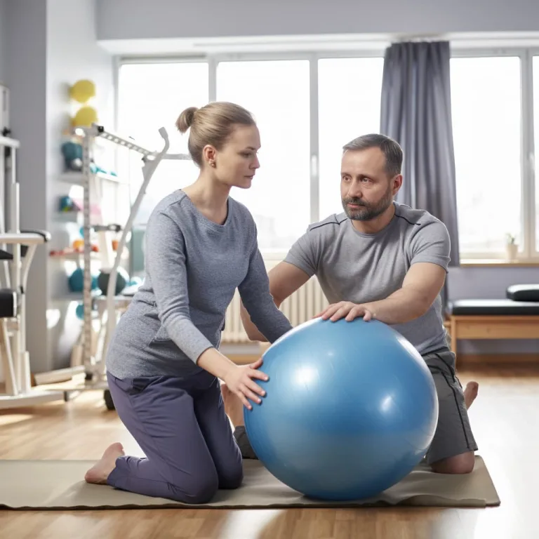 Physiotherapist guiding an older patient through stability ball exercises