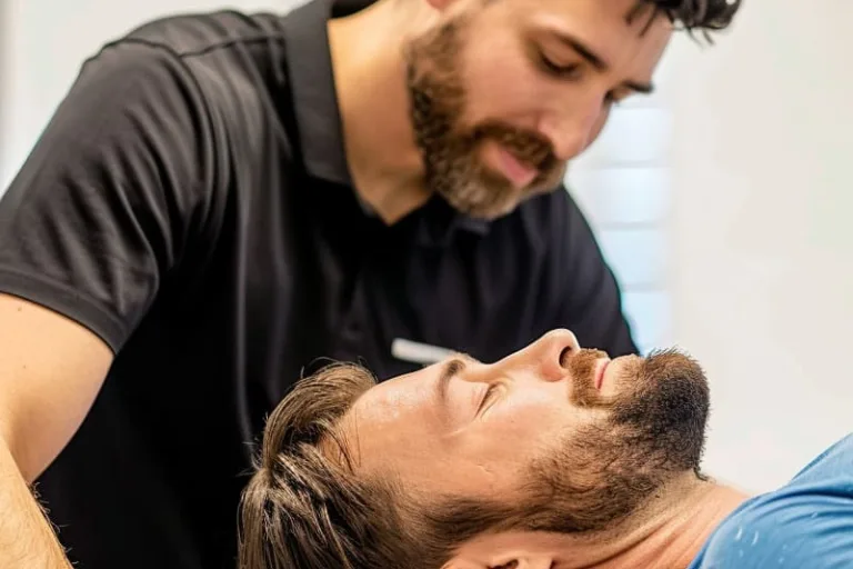 Physiotherapist performing manual therapy on a patient's neck